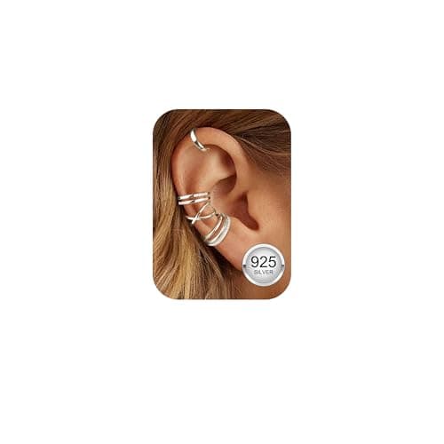 Image of ORAZIO 4Pcs 925 Sterling Silver Ear Cuff No Piercing for Women Silver Ear Cuff Earrings Non Pierced Helix Cartilage Cuff Clip on Earrings Adjustable Fake Earrings