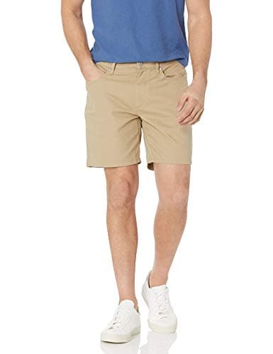 Image of Amazon Essentials Men's Slim Fit 7" (18cm) Stretch 5-Pocket Jean Shorts, Khaki Brown, 42W