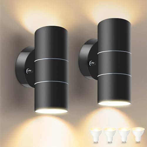 Image of ALUSSO Outdoor Wall Lights Mains Powered Outside Up Down Lights, 5W 400LM Stainless Steel Outside Lighting, 3000K Warm White GU10 Base IP65 Waterproof Porch Front Door Light, 2 Pack (Bulb is Included)