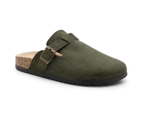 Image of IMTY Womens Faux Suede Clogs Slip On Adjustable Buckle Cork Footbed Arch Support Ladies Backless Mules Flat Casual Slippers (Khaki, UK Footwear Size System, Adult, Women, Numeric, Medium, 6)