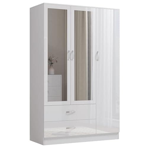 Image of Nera 3 Door Wardrobe with Mirror Shelves and Hanging Rail Tall Wardrobes for Bedrooms Storage (Gloss White (Matt White))