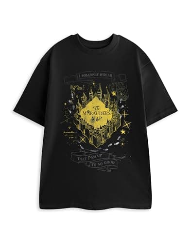 Image of Harry Potter The Marauders Black Graphic Tee | Gold Foil Print Short Sleeve T-Shirt | Marauders Map Quote Crew Neck Top | Castle Illustration Unisex Adult Merch - Large