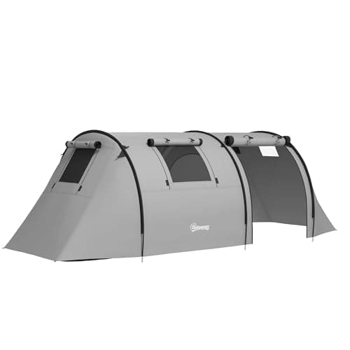 Image of Outsunny 3-4 Man Camping Tent, Large Family Tunnel Tent with Bedroom and Living Room, 3000mm Waterproof, Portable with Bag, for Fishing Hiking Festival, Grey
