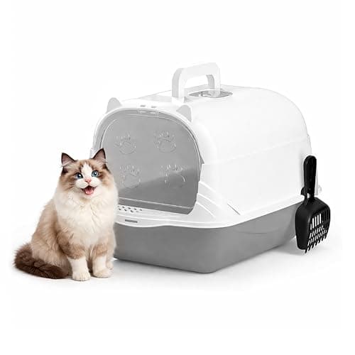 Image of Marco Paul Enclosed Cat Litter Box with Door & Scoop, Covered Hooded Cat Litter Tray, Anti-Tracking Pedal, Flip Lid Easy Clean, Large Cat Toilet Box with Handle, Odour Control, Grey 51cm