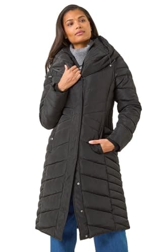 Image of Roman Padded Coat for Women UK - Ladies Longline Puffer Winter Quilted Parka Waterproof Rainproof Wind Resistant Thermal Jacket Long Length Warm Zip Hood Puffa Cosy - Black - Size 18