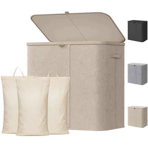 Image of Lifewit 150L Laundry Basket with Lid, 3 Section Washing Basket with Handles and Bag, Large Foldable Dirty Clothes Organiser with Plastic Frame for Laundry Room, Bedroom, Bathroom, Beige