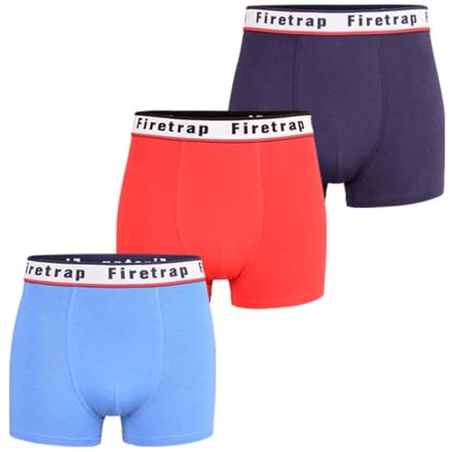 Image of Firetrap Mens 3 Pack Designer Boxer Shorts, Underwear Gift Set Trunks Comfortable Stretch Cotton Plain Colours Mens Briefs Sky, Navy, Red S