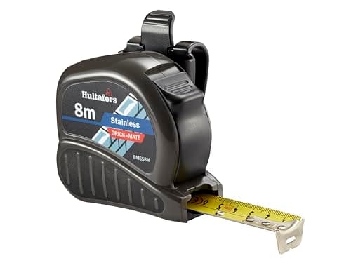 Image of Hultafors BMSS8M Brick‑Mate Stainless Steel Pocket Tape 8m Metric Only with Non‑Slip Rubber Grip and Strong End Hook