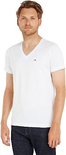 Image of Tommy Jeans Men's Tjm Original Jersey V Neck Tee Dm0dm04410 T-Shirt, White (Classic White 100), L