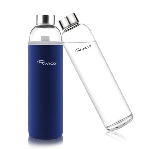Image of RYACO Glass Water Bottle 750ml/25oz,Borosilicate Glass Bottle with Neoprene Protective Case for Hot Cold Drinks,BPA-Free Leak Proof,Sport Water Bottles with Sponge Brush,Dishwasher Safe