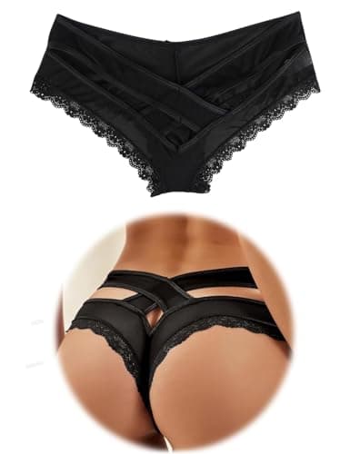 Image of comeondear Sexy Brazilian Knickers for Women, Back Hollow Out Thongs Silky Stretchy Panties Lace Trim Valentines Lingerie with Cotton Gusset, Plus Size 8-10, Black