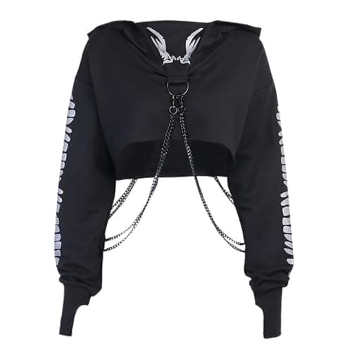 Image of YINGWIN Women's Dark Gothic Goth Crop Top Hoodies Sweatshirt Aesthetic Punk Black Rave Outfit Emo Teen Girls Long Sleeve