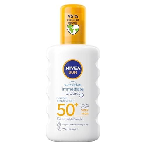 Image of NIVEA SUN Protect and Sensitive Sun Spray (200 ml), Sunscreen with SPF50, Suncream for Sensitive Skin with Aloe Vera, Immediately Protects Against Sun Exposure