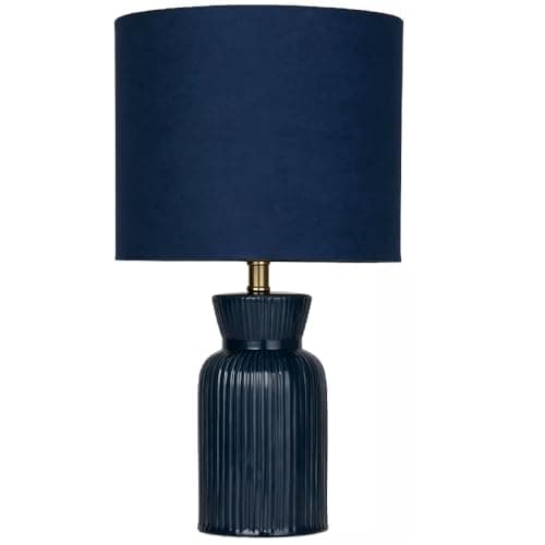 Image of Britalia Navy Blue Ribbed Ceramic Vintage Table Lamp with Navy Velvet Drum Shade, SES E14, 38cm