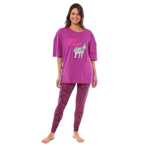 Image of Daisy Dreamer Womens Oversized T Shirt and Leggings PJ Set Cotton Pyjamas Loungewear Sleepwear Casual Soft Animal Printed Design Round Neck Easy Care, Zebra Medium