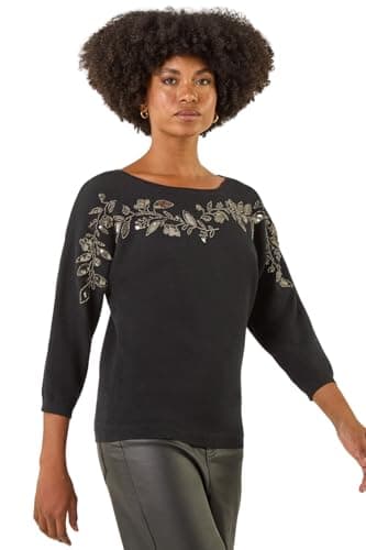 Image of Roman Originals Women Diamante Embellished Jumper Ladies Sparkly Sequin Sweater Batwing Autumn Winter Knit Knitwear Glittery Shiny Casual Evening Going Out Party - Black Floral - Size 16
