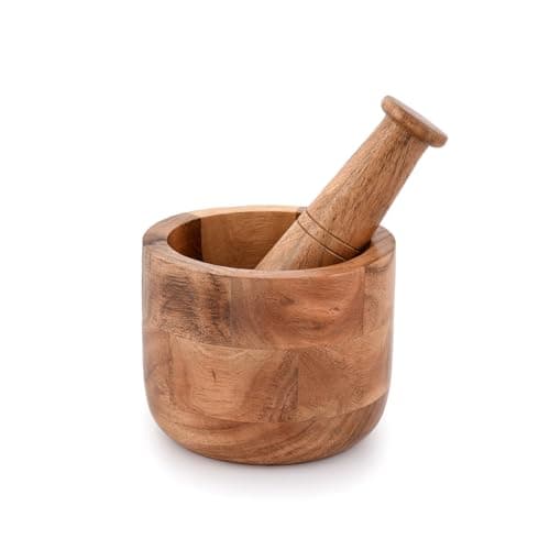 Image of Samhita Handmade Acacia Wood Mortar and Pestle Perfect for Grinder for Herbs, Garlic, Walnut Spices & Kitchen Essentials Usage