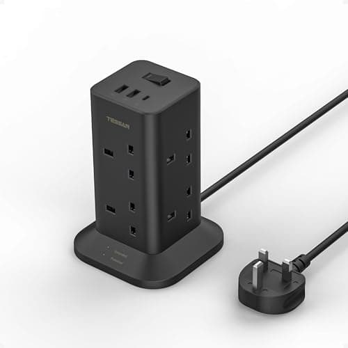 Image of TESSAN Tower Black Extension Lead with USB C Slots, 8 Way Multi Plug Extension Socket 2M Cable, Surge Protected Power Strip with Switch, MultiPlug Adaptor for Home, School Supplies