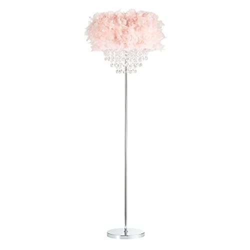 Image of Happy Homewares Modern and Chic Real Pink Feather Chandelier Style Floor Lamp with Waterfall Clear Acrylic Droplets | Chrome Metal Base and Stem | 60w Max E27 Bulb