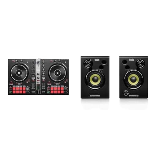 Image of Hercules DJControl Inpulse 300 MK2 – USB DJ Controller – 2 Decks with 16 Pads and Built-in Sound Card & DJMonitor 32-2 x 15 watts RMS active monitoring speakers - UK Version, Black