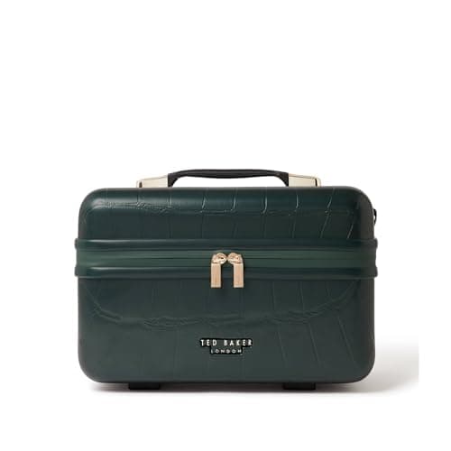 Image of Ted Baker Forest Green Croc Icon Vanity Case Travel Makeup Bag Hard Shell Cosmetic Case Toiletry Bags Portable Carry Handle & Strap Logo Lining, 36cm Travel Organiser with Compartments 17L Capacity