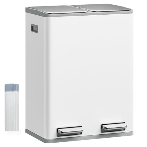 Image of Hzuaneri Kitchen Bin, (2 x 30L) 60L Recycling Bins, Pedal Bin with Lid, Stainless Steel Kitchen Bins Recycling and Waste, Silent Slow-Down Closing Lid, With 15 Exclusive Trash Bags, White SW06099W
