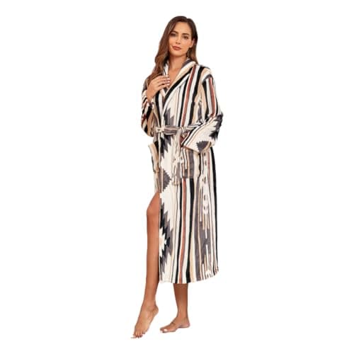 Image of RONGTAI Womens Bathrobe Ladies Fleece Plush Warm Long Robes Fleece Nightgown Sleepwear (Medium, Geometric-yellow)