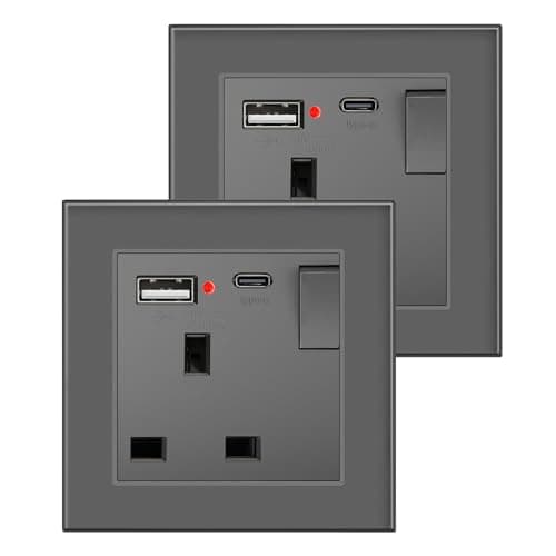 Image of BSEED Single Switched Socket with USB C and USB A Charging Ports, UK Standard Electric Power Sockets with Glass Panel, 1 Gang Wall 13A Socket, Grey, 2 Pack