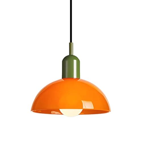 Image of HJXDtech Vintage Pendant Light Fixture with 30cm Orange Stained Glass Dome Shade & Green Top, Industrial E27 Loft Bar Hanging Ceiling Light for Kitchen, Dining Room, Bedroom