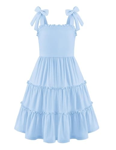 Image of Arshiner Girls Dresses Bow Tie Sundress Kids Cotton Summer Dress Sleeveless Swing Party Dress Off Shoulder Elegant Casual Dresses for Girls 11-12 Years Light Blue