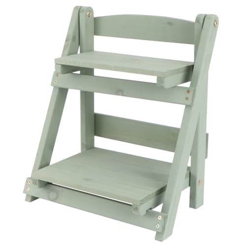 Image of FELTECHELECTR Retro Two Layer Wooden Flower Pot Rack Folding Storage Shelf with Green Wood Material, Creative Plant Stand Shelf for Office and Outdoor Use