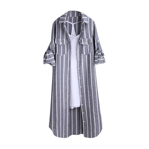 Image of Angxiwan Linen Shirt Women Oversize Plaid Shirts for Women UK Plus Size Button Long Sleeve Summer Cardigan Casual Loose Fit Flowy Hem Tunic Tops Elegant Collar Peplum Tops