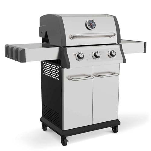 Image of Dellonda 3 Burner Deluxe Gas BBQ Grill, Piezo Ignition, Stainless Steel, Wheels - DG16