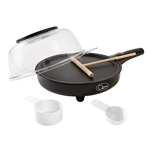 Image of Quest 34400 2-in-1 Popcorn & French Crêpe Pancake Maker, Non-Stick 8 Inch Electric Pan with Batter Spreader - Also Cooks Eggs, Omelettes & Flatbreads., Black/Transparent