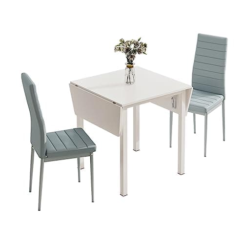 Image of JEFFORDOUTLET Dining Table and Set of 2 Chairs, Drop Leaf Kitchen Table With Grey PU Leather High Back Chair