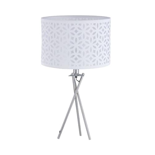 Image of firstchoicelighting Polished Chrome Tripod Table Lamp or Bedside Light, Modern, White Cut Out Shade, Height 52cm, LED Compatible