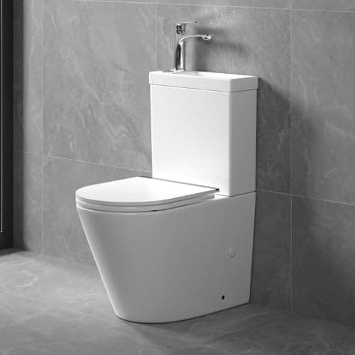 Image of Durovin Bathrooms Close Coupled Two Piece Ceramic Toilet with Sink On Top and tap - Rimless WC Pan with Cistern and Soft Close Seat