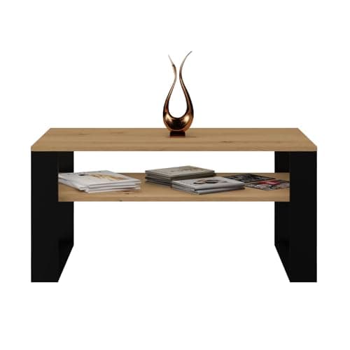 Image of WHATSIZE ENTERPRISE – Modern 1P - Square Wood and Steel Coffee Table - Display for Magazines, Books and Vases - Furniture to Complement Modern Décor - Black and Artisan Oak