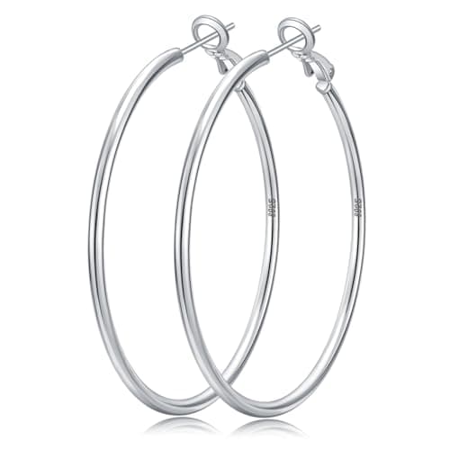 Image of Senteria Silver Hoops Earrings for Women,925 Sterling Silver Hoop Earrings Hypoallergenic Large silvers Hoops Lightweight Big Thin Hoop Earring 50MM