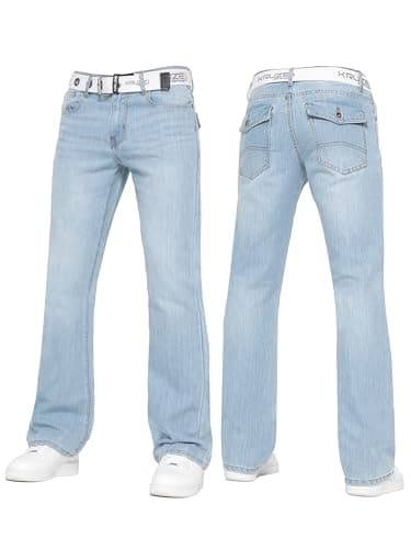 Image of BRAND KRUZE Mens Bootcut Jeans Casual Flared Wide Leg Free Belt Stylish Fashion Denim Trouser Pants KZ115 Light Blue 34W / 32L