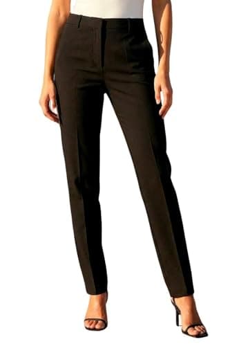 Image of Roman Straight Leg Stretch Trousers for Women UK Ladies Work Office Smart Suit Pants Slacks Cigarette Tailored High Elasticated Waist Ankle Grazer Slim Angela - Long Black (31 inch) - Size 16