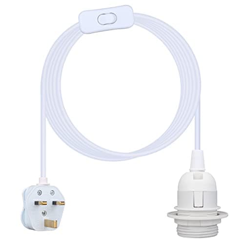 Image of Teynewer Ceiling Pendant Light Fitting, E27 Screw Lamp Holder with Switch Suspended & Lock Ring for Shade, 2 Core Extension Cable UK Plug Pendant Light Fitting Kit (3m, White)