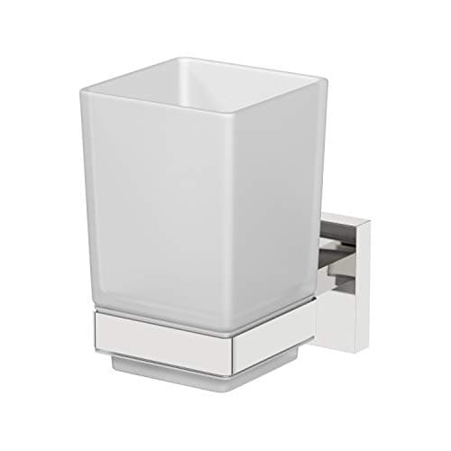 Image of Wall Mounted Toothbrush Holder Frosted Glass Square Tumbler Cup Holder for Bathroom Lavatory Polished Chrome Wall Mount Concealed Fixings Screws or Adhesive Accessory