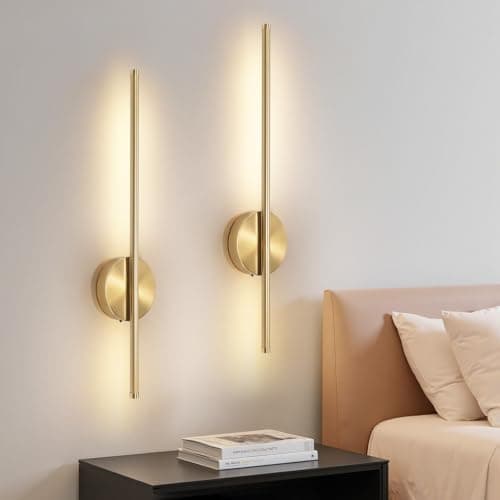 Image of Dehobo Rechargeable Wall Sconce Lights, Battery Operated Wall Lights 3 Color Temperature, Gold Wall Lights Dimmable Wireless with Remote Control Golden 60CM for Living Room Bedroom Hallway, 2 Pack