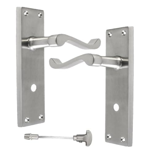 Image of Epsom Door Handle Satin Bathroom Door Handle with Privacy Lock Set and 3 Lever Sash Lock- Victorian Style Internal Thumb Turn Latch for Interior Doors Satin Chrome (Pair of Bathroom Handles)