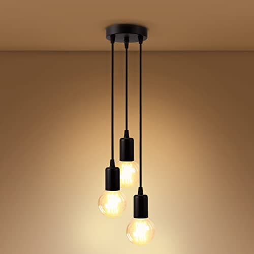 Image of EMKE Industrial Pendant Light, Black Retro Ceiling Light 3-Light E27 Holder Vintage Light DIY Hanging Lights with Adjustable Wires for Living Room Coffee Shop Hotel Hallway Bar (Bulb not Included)