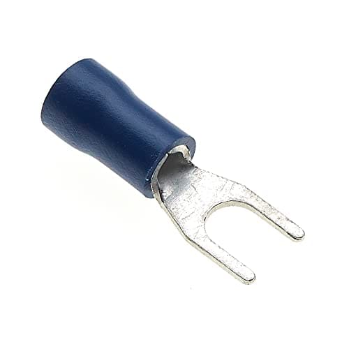 Image of Fork Crimp Terminal, Pack Of 100 - Blue, 24A, 4mm - Heat Shrink Fork Connectors, Tinned Copper Connectors, Insulated U-Type Wire Terminals