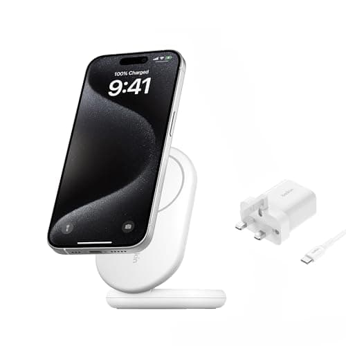 Image of Belkin BoostCharge MagSafe Charger, Magnetic Foldable Wireless Charging Stand 15W, MagSafe-Compatible Portable Fast Charger for Qi2, iPhone 17, Air, Pixelsnap, Standy Mode Ready, PSU Included - White