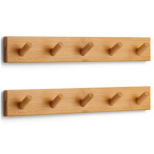 Image of LARHN Wooden Coat Hooks Wall Mounted Coat Rack with 5 Wall Hooks (2-Pack), 43 cm - All Fixings Included for Quick & Easy Installation