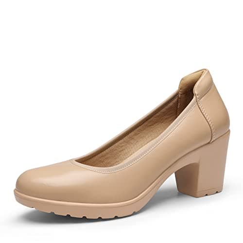 Image of DREAM PAIRS Womens Edena Chunky Closed Toe Low Block Heels Work Pumps Comfortable Round Toe Dress Wedding Shoes SDPU2230W,Size 5,Nude,SDPU2230W